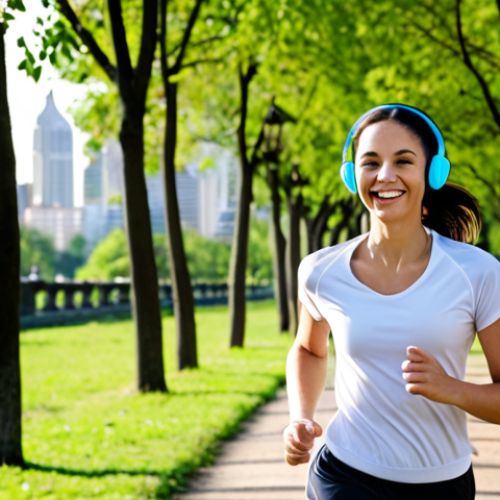 Home 11 **Image Prompt:** A person wearing headphones, smiling, and jogging in a park. In the background, there are trees and a hint of a cityscape. The overall feel is one of enjoying a pleasant activity while learning. (Focus: Podcasts offer convenience, can be listened to anywhere)