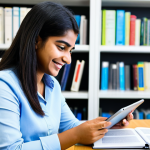 A focused young female professional, fully clothed in a modest, contemporary business-casual outfit, sits comfortably at a clean, modern desk in a well-lit digital library. She is attentively interacting with a tablet displaying a vibrant Bengali language learning application, with a gentle smile of concentration. The background features subtle shelves filled with digital devices and a few well-organized physical books, hinting at a blend of traditional and digital learning tools. Professional studio photography, natural lighting, sharp focus, perfect anatomy, correct proportions, natural pose, well-formed hands, proper finger count, natural body proportions, safe for work, appropriate content, fully clothed, family-friendly.