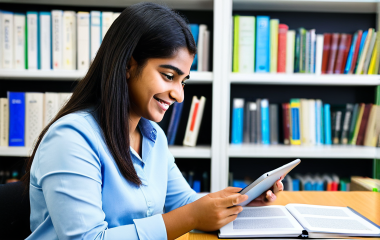 A focused young female professional, fully clothed in a modest, contemporary business-casual outfit, sits comfortably at a clean, modern desk in a well-lit digital library. She is attentively interacting with a tablet displaying a vibrant Bengali language learning application, with a gentle smile of concentration. The background features subtle shelves filled with digital devices and a few well-organized physical books, hinting at a blend of traditional and digital learning tools. Professional studio photography, natural lighting, sharp focus, perfect anatomy, correct proportions, natural pose, well-formed hands, proper finger count, natural body proportions, safe for work, appropriate content, fully clothed, family-friendly.